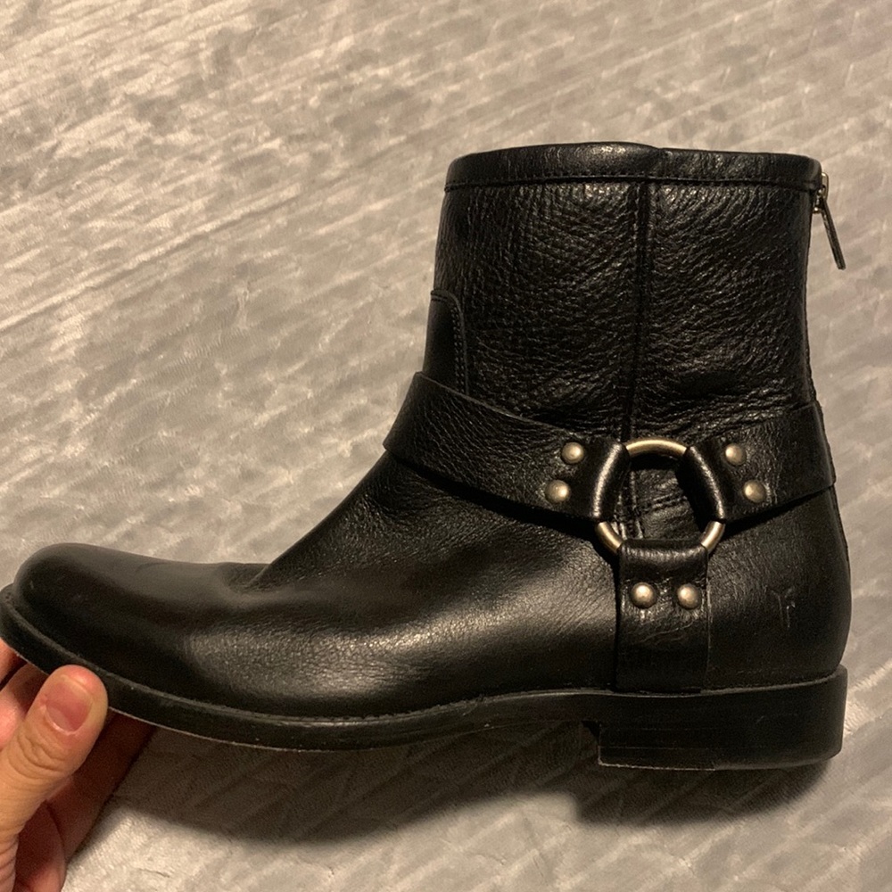Frye Black Leather Harness Ankle Boots
